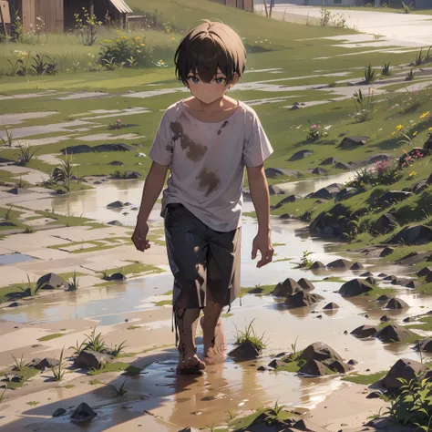 a 6-year-old boy walks barefoot in the mud，slightly fat，white top，untidy bangs，shota，barefoot，sludgy，dirty，footprints。and the su...