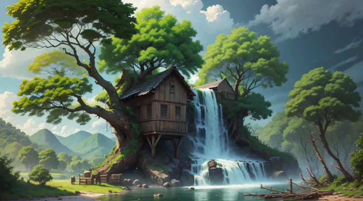 Gigantic colorful trees with many vines, palmeiras, coqueiro, fallen logs, a watermill with a waterwheel, moinho de vento, numa cachoeira exuberante, rio com grandes rochas hiper realista, sky with clouds, sol, lua, global ilumination, profundidade de camp...