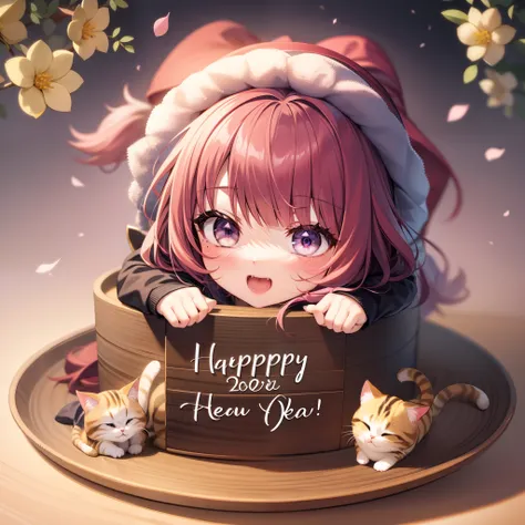 chibi cat、kagami mochi background、kawaii、red hairs、add a happy new year letter、