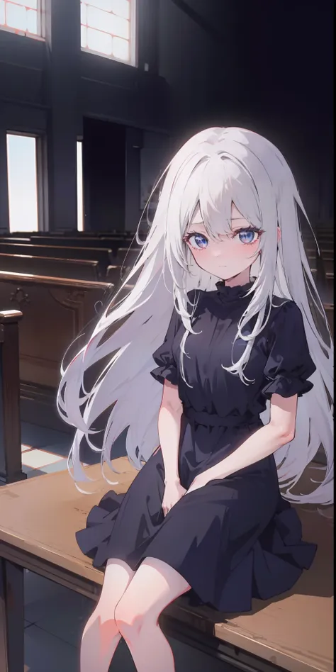 anime girl with white hair and blue eyes sitting in church，white-haired god，anime moe art style，ahegao，8k high quality detail ar...