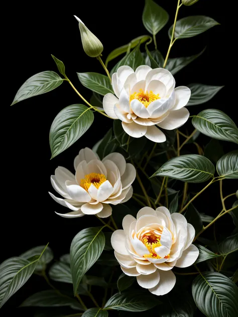 flowering briefly on dark green leaves，its petals are white and delicate，soft as silk。（white peony 1.5）moonlight casts down，illu...