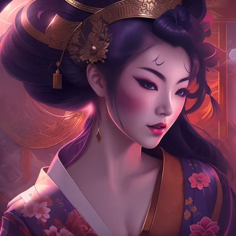 graphic illustration，geisha，closeup cleavage，dojo，rays of moonlight，tmasterpiece， super detailing， epic composition， hyper hd， h...