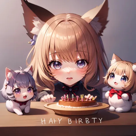 chibi cat character、white backgrounid、kawaii、a blond、bright background、birthday、happy birthday letters、