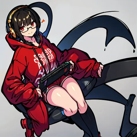 human gamer girl wearing gold glasses and black headphones. playing games on her console. black hair, wearing a black hoodie and...