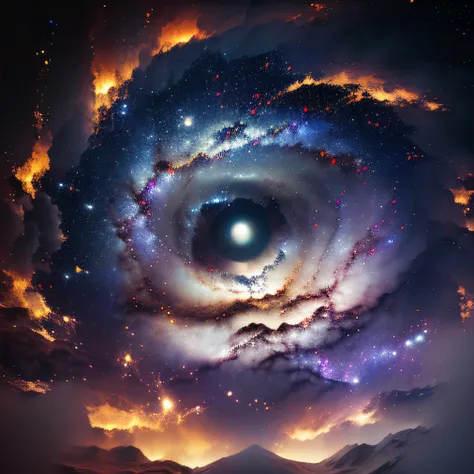 masterpiece, sharp, ultra detailed, 8k,an eyes made by milky way, the midle of the eye is a black hole,  ((soft dimmed light)), ...