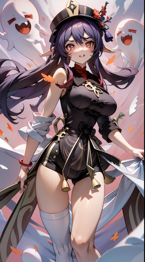 hu tao(Genshin Impact),Ghost World,Elves surround the surroundings,Premium comic titles,Expose abs,Slim figure,cropped shoulders,huge tit,White dress at the bottom,Mesh garment,Fleshy thighs,Below the waist are mesh stockings,Masterpiece,hyper-detailed fac...