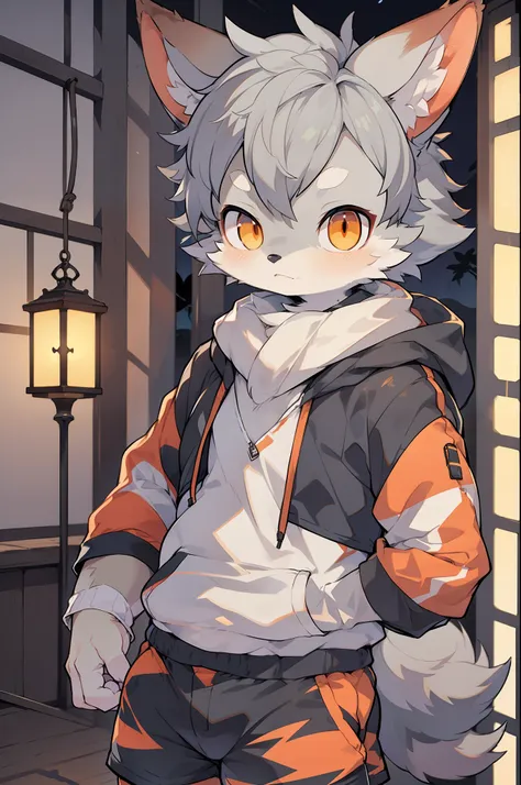 shota,furry,cute,lovely,navy blue fur,white ears,orange eyes,hoodie,gray shorts,cold lamps,night,fantastic shadow light,male,coy...