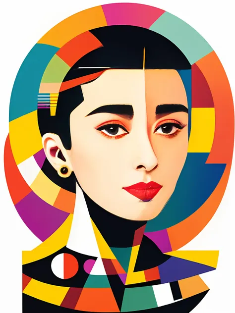 （kandinsky's artwork:0.7), audrey hepburn，close-up of character avatars，sharp images, 8k, rim-light, flat illustration，design,ti...