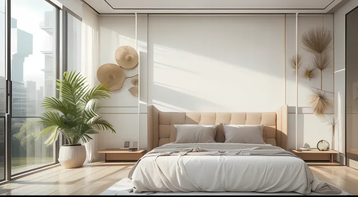 minimalist bedroom，master design，there are few flowers and plants（1:0.005），suns rays，the right way to place the house，no main li...