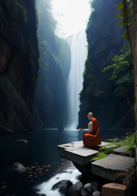 a monk is meditating, vestindo um manto amarelo no templo, the temple is on the floating river, foto crua, foto surreal, motor i...