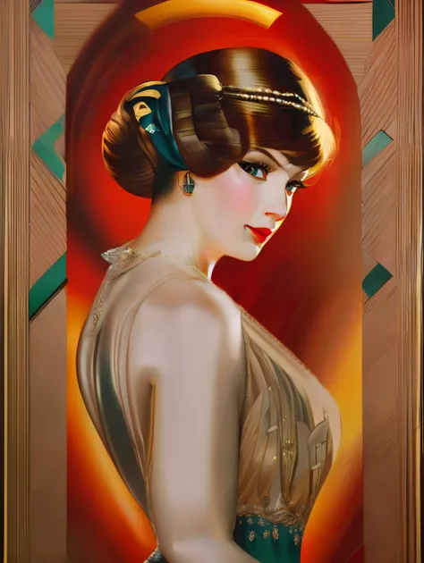 (masterpiece) portrait of an insanely gorgeous art-deco sophisticated lady, hyperdetailed, in the style of ted withers and alber...