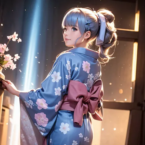 1girl, a distant girl in a kimono staring at the stars, (zoomed out: 1.1), (meteor shower: 1.2), (comet: 1.1), your name, low angle, from behind, northern lights, shooting stars, yukata, red kimono, cherry blossoms, Standing in the field, best quality, mas...