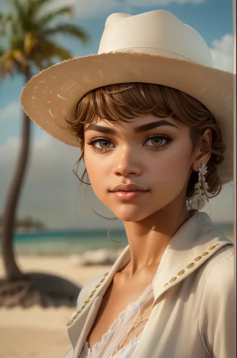 ((zendaya coleman guckt neugierig)), (it sits on a white sand beach with palm trees), ((she has round breasts)), ((she's wearing...