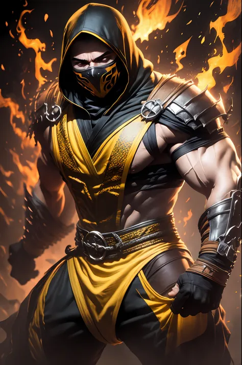 1 man, solo, scorpion, mortal kombat, tall, muscular, hunk, yellow and black face mask, wearing orange-ish yellow and black ninj...