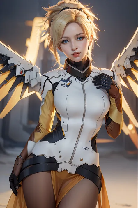 (masterpiece, best quality),  intricate details,
1girl,    1girl, solo, mercy (overwatch), mechanical halo, breasts, blue eyes, blonde hair, pantyhose, mechanical wings, wings, halo,  holding, bodysuit, cowboy shot,  yellow wings, brown pantyhose, lips, gl...