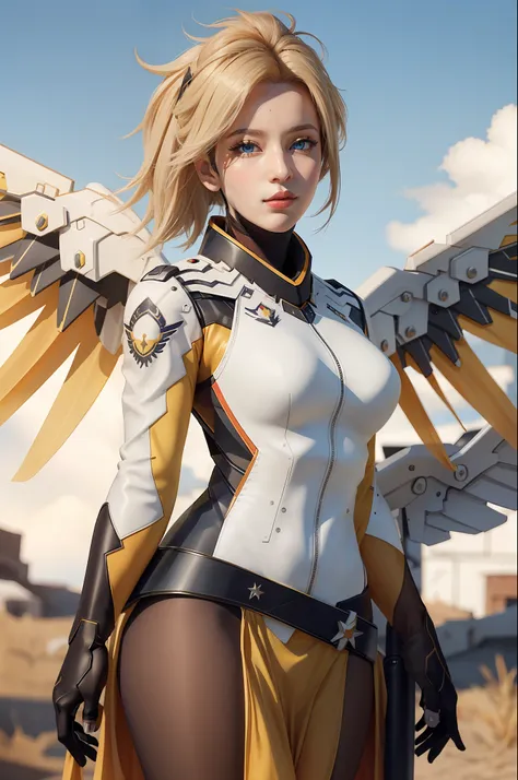 (masterpiece, best quality),  intricate details,
1girl,    1girl, solo, mercy (overwatch), mechanical halo, breasts, blue eyes, blonde hair, pantyhose, mechanical wings, wings, halo,  holding, bodysuit, cowboy shot,  yellow wings, brown pantyhose, lips, gl...