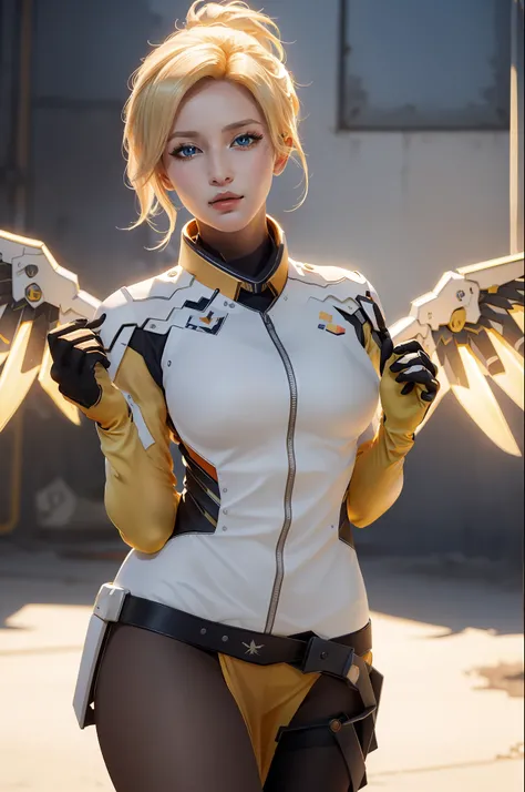 (masterpiece, best quality),  intricate details,
1girl,    1girl, solo, mercy (overwatch), mechanical halo, breasts, blue eyes, blonde hair, pantyhose, mechanical wings, wings, halo,  holding, bodysuit, cowboy shot,  yellow wings, brown pantyhose, lips, gl...