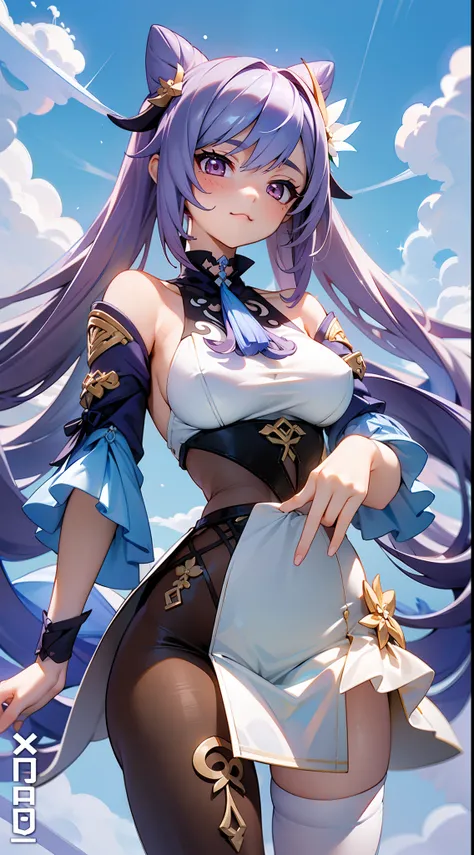 Keqing(Genshin Impact),with blue sky and white clouds,rainbowing,Comic cover style,Premium comic titles,self-shot,Expose abs,Slim figure,cropped shoulders,huge tit,White dress at the bottom,Mesh garment,Fleshy thighs,Below the waist are mesh stockings,Mast...