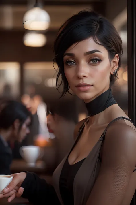 ((tamara taylor)), (sie steht neben einem cafe), (she wears a black pencil dress) ((she has round breasts)), ((elegant)), ((schw...