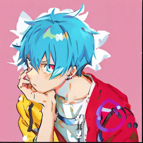 Anime boy with blue hair and red jacket leaning on chin, 2 d anime style, 2d anime, 2D art, 2 d art, trigger anime artstyle, 2 d gorillaz, Anime boy, anime moe art style, 2 d from gorillaz, 2d from gorillaz, anime art style, style of anime, made with anime...