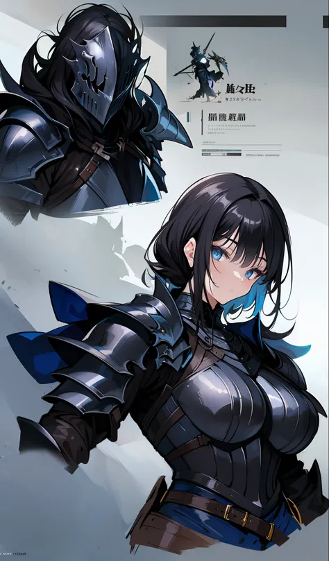 illustratio、(top-quality)、(((masterpiece)))、(Hi-Res)、Original、(Solo Girl)、A sexy、Thick、Big body、Close up portrait of a person in costume of a knight with a sword, Dark Souls Armor Concept, Flowing robes and leather armor, Dark Armor, pale black armor, Arm...