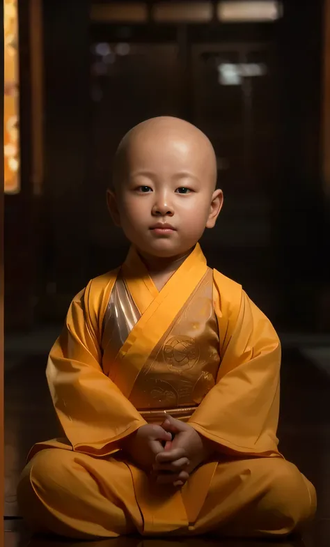 close-up of a bald child sitting on the floor in a robe, monk clothes, buddhist, buddhist monk, yellow robes, dressed in simple ...