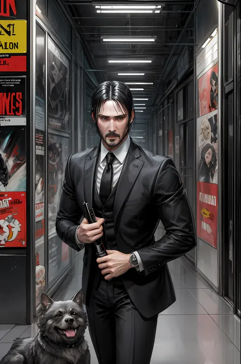 hard colors noir comix style john wick, white and black and red