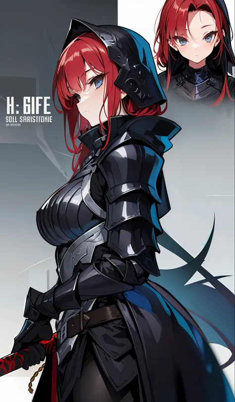 illustratio、(top-quality)、(((masterpiece)))、(Hi-Res)、Original、(Solo Girl)、A sexy、Thick、Big body、Close up portrait of a person in costume of a knight with a sword, (Red-haired),Dark Souls Armor Concept, Flowing robes and leather armor, Dark Armor, pale bla...