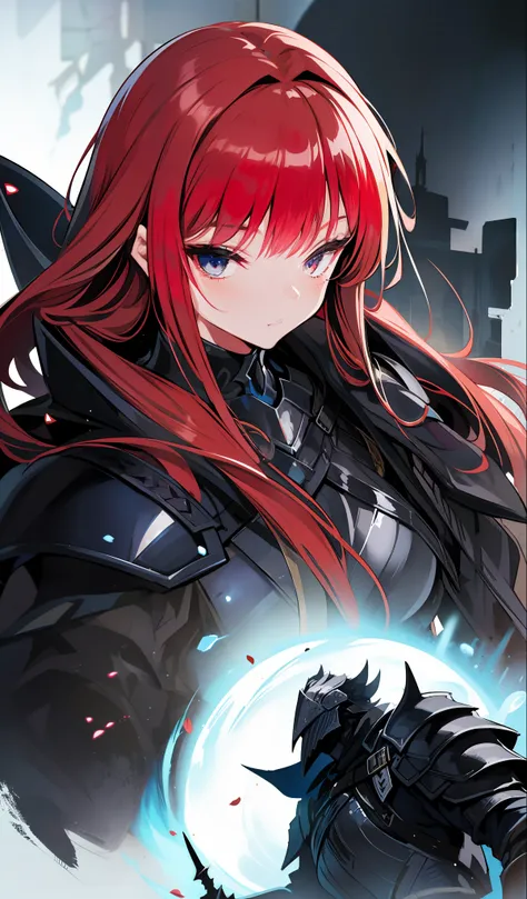 illustratio、(top-quality)、(((masterpiece)))、(Hi-Res)、Original、(Solo Girl)、A sexy、Thick、Big body、Close up portrait of a person in costume of a knight with a sword, (Red-haired),Dark Souls Armor Concept, Flowing robes and leather armor, Dark Armor, pale bla...