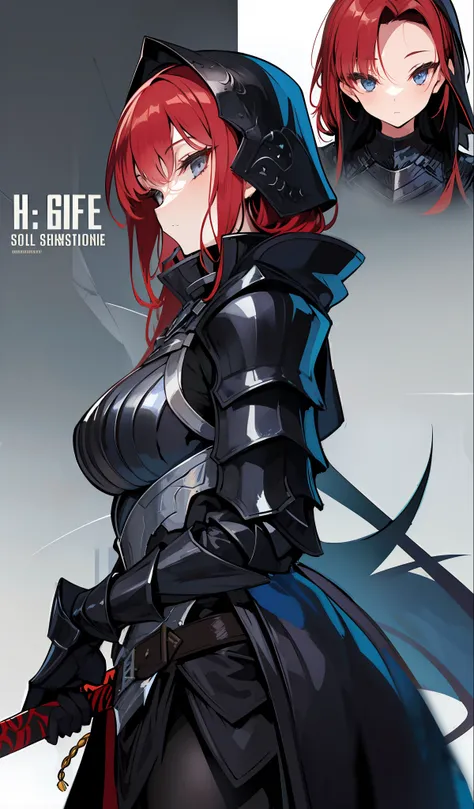 illustratio、(top-quality)、(((masterpiece)))、(Hi-Res)、Original、(Solo Girl)、A sexy、Thick、Big body、Close up portrait of a person in costume of a knight with a sword, (Red-haired),Dark Souls Armor Concept, Flowing robes and leather armor, Dark Armor, pale bla...