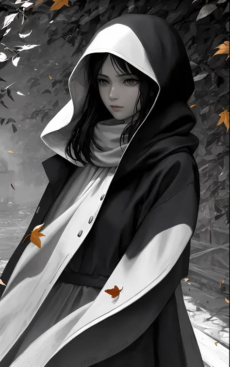 独奏. In the foreground A girl of thirty years old, in a long cloak, long dark hair, looks at the hanging rope, an intricate, Pattern, Realistic fantasy, 7K,A hyper-realistic, hyper-detailing, analog style, The wind swirls the leaves, The leaves are twisted...