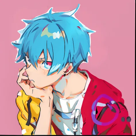 anime boy with blue hair and blue eyes resting on his chin, 2 d anime style, 2d anime, 2d art, 2 d art, 2d art cover, 2d from go...