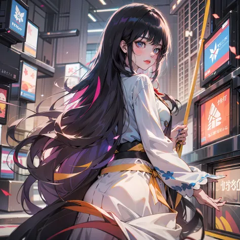 Top image quality、ultra-detailliert、8K、ultra-detailliert、Top image quality、1 girl in、Japan beauties、adult-like、Beautiful fece、drooing eyes、big eye、20yr old、Black surface hair、indigo hair on the back、Slim Faces、a cold expression、full body Esbian、Big breasts...