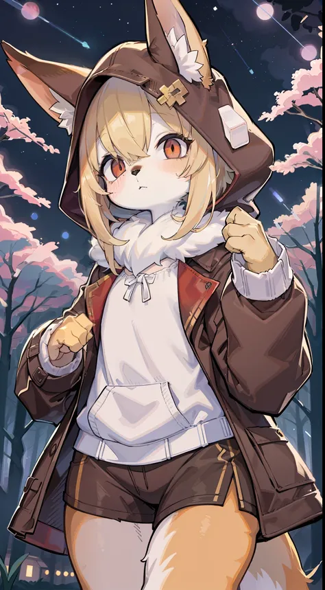 Fox Boy,hairy pubic,shaggy,Skin fur,Golden fur,Golden yellow face fur,Short straight blonde hair,Eyes have light,Red eyes,Brown elements on fur,Brown coat brown hood up,Star pattern white top,brown shorts,Beautiful lights and shadows,Ambient light,Ultra-fi...