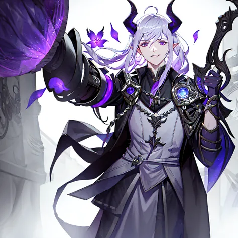zeronis, 1boy, purple eyes, league of legends, yone spirit blossom, lips, silver plate armor, hero, smiling towards the camera, black delicate horns, white hair, portrait, solo, ((masterpiece)), (deep depth of field)
