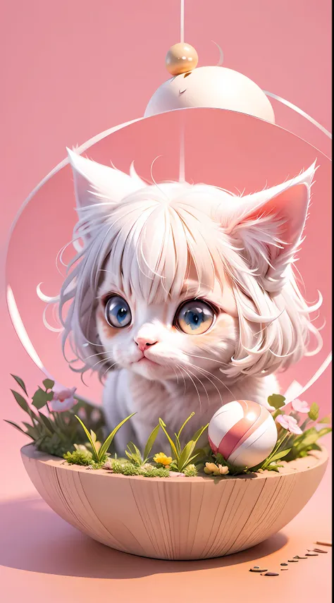 A white-haired kitten,adolable,spherical,afloat,shaggy,Big eyes,Non-human,In pink,Simple,Morandi color system