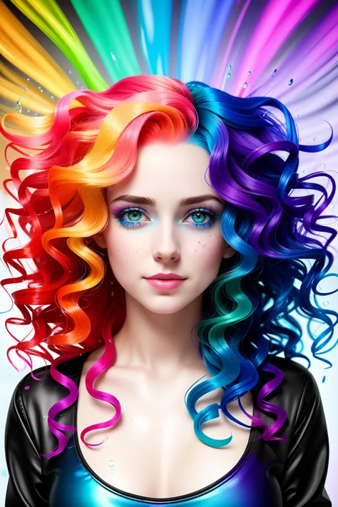 a woman with colorful hair standing in a stream of water, the curls are smeared with paint of different colors rainbow, a cute a...