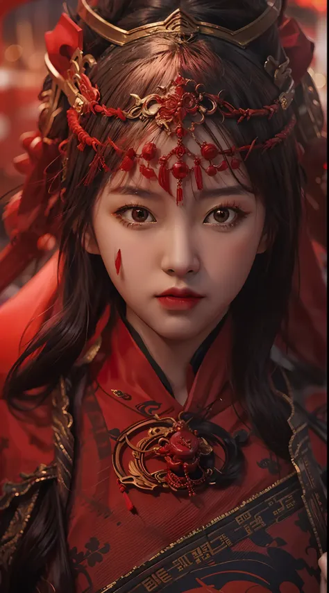 realistic style，fantastic screen，a chinese woman in a red costume is preparing to enter the battle，look into the camera，people a...