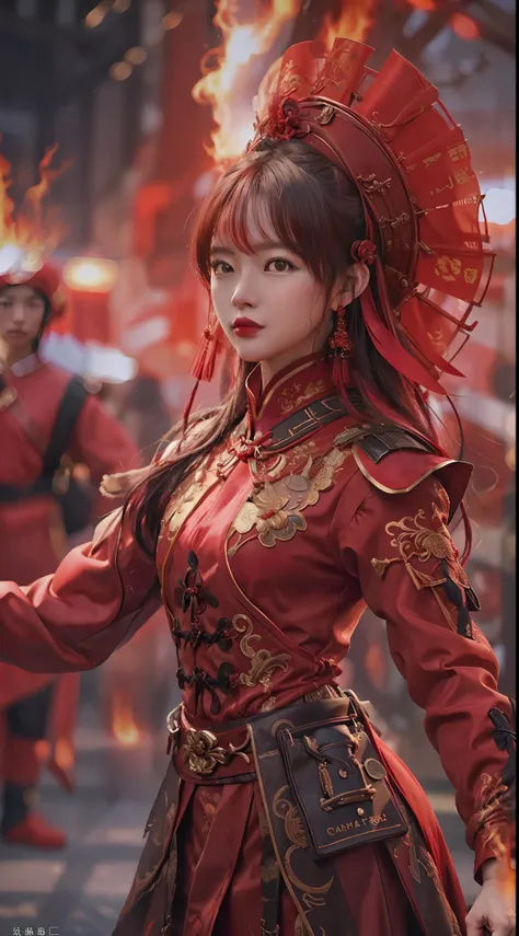 realistic style，fantastic screen，a chinese woman in a red costume is preparing to enter the battle，look into the camera，people a...