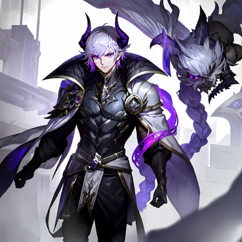 zeronis, 1boy, manly, muscled, masculine, frowning towards the camera, purple eyes, league of legends, yone spirit blossom, lips, silver plate armor, hero, small black delicate horns, white hair, portrait, solo, ((masterpiece)), (deep depth of field)