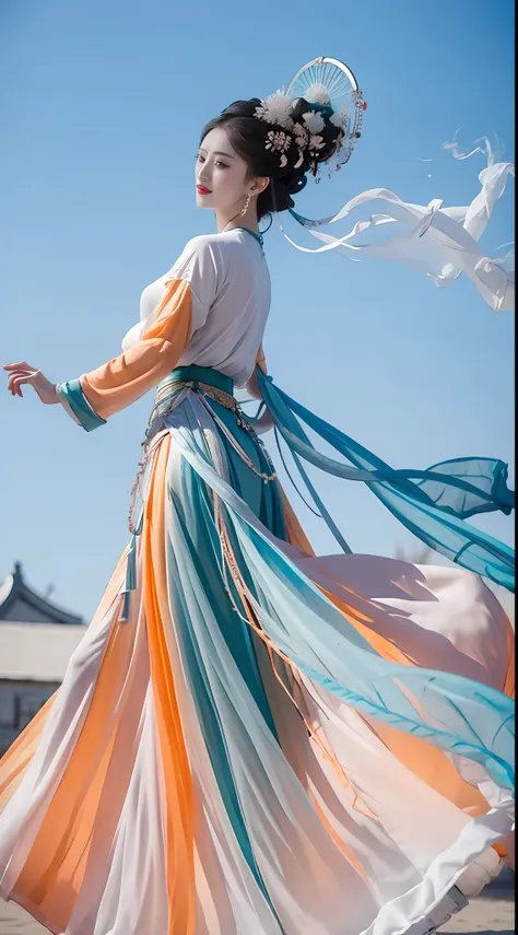 1girll，Dunhuang flying costume，Long messy hair，JI Jian，Dunhuang style，A lot of smoke，Exquisite，Elegant colors，Don dress long skirt，Dresses，（realisticlying，high detal，tmasterpiece，ultra - detailed，dynamic angle，Mural background，water ink，astounding，cinmatic...