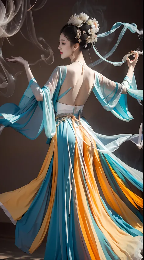 1girll，Dunhuang flying costume，Long messy hair，JI Jian，Dunhuang style，A lot of smoke，Exquisite，Elegant colors，Don dress long skirt，Dresses，（realisticlying，high detal，tmasterpiece，ultra - detailed，dynamic angle，Mural background，water ink，astounding，cinmatic...