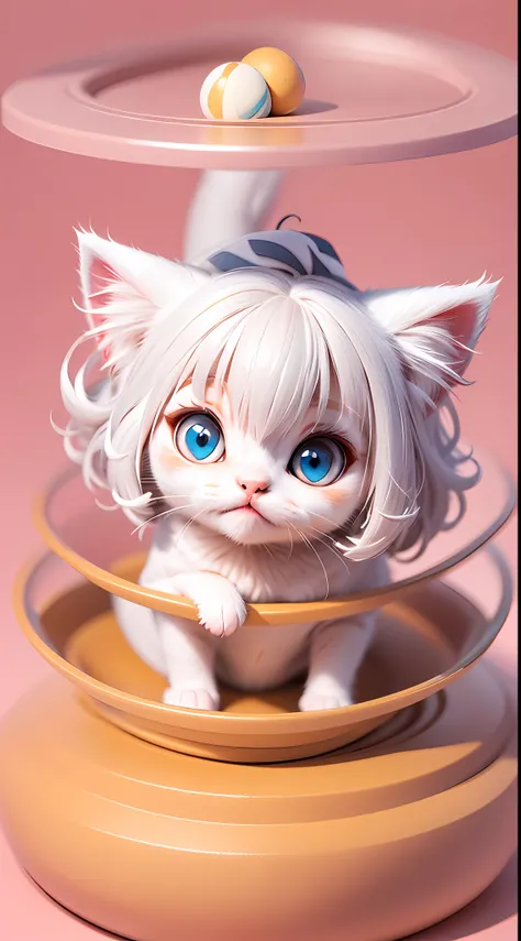 A white-haired kitten,adolable,spherical,afloat,shaggy,Big eyes,Non-human,In pink,Simple,Morandi color system