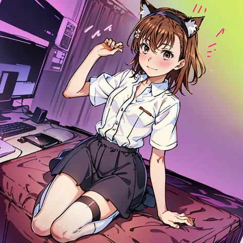 1girl, animal_ears, black_hairband, blush, brown_eyes, brown_hair, cat_ears, cat_tail, collared_shirt, dress_shirt, eyebrows_vis...