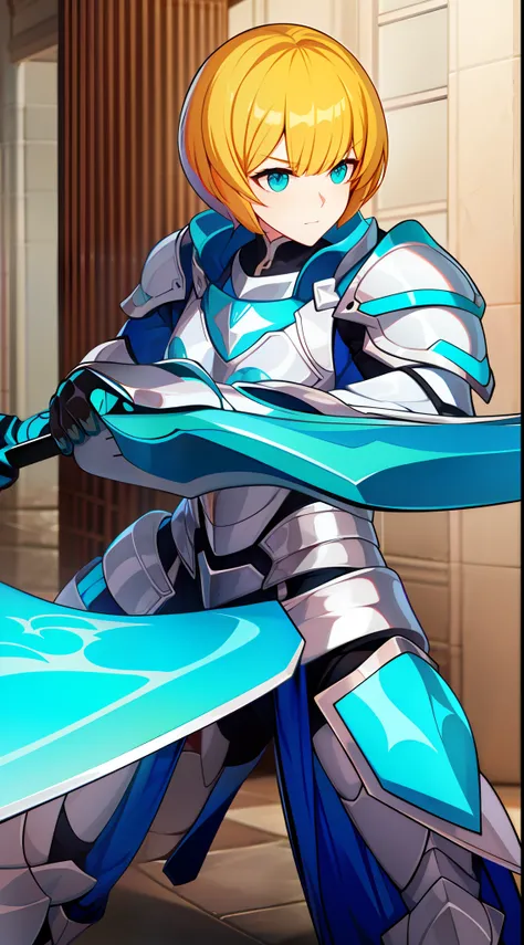 Tall guy, short blonde hair, Cyan eyes, knight armor, sword, shield, combat stance, Masterpiece, hiquality