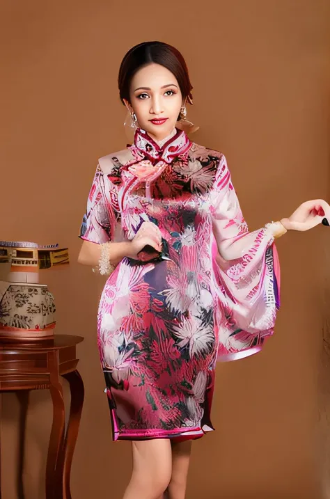 RAW photos，on cheongsam，short- sleeved，solo，shift dresses，Dark blue cheongsam，Printing，Colorful pattern，realisticlying，1girls，Jade bracelet，Cheongsam beauty，3d，brown_hair，chinese_clothes，china_dress，looking at viewer，standing，solo , simplebackground, (high...