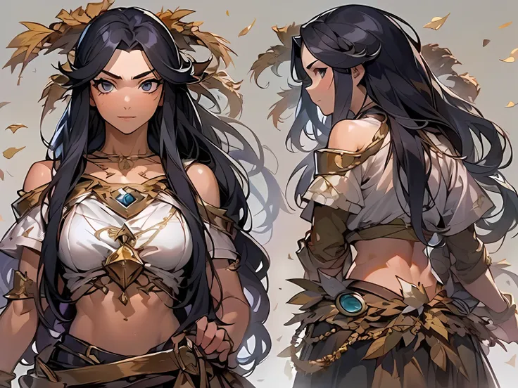 ((Three-view of roles)), ((tmasterpiece))、((Top quality))、((CharacterDesignSheet,Same role,frontage、Lateral face、on back)),illustration, ((1 Northern Girl,Barbarians,Primitives,arma)),(shaman, tusks, Nature, Healer, Round ears, wild hairs, Dark black hair...