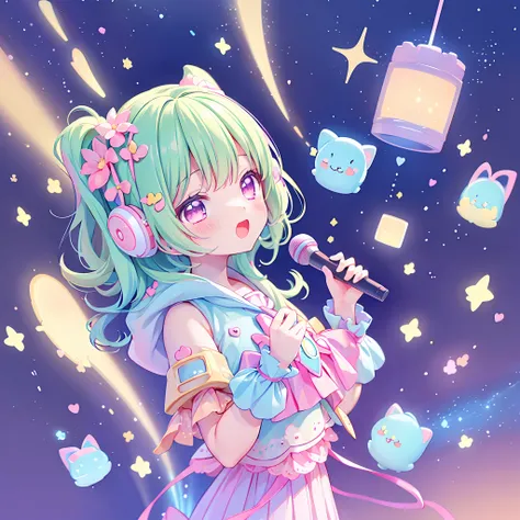 (chibi), idol, singing on the scene in the space, kawaiitech, kawaii, cute, pastel colors, best quality, happy, scifi, deep background