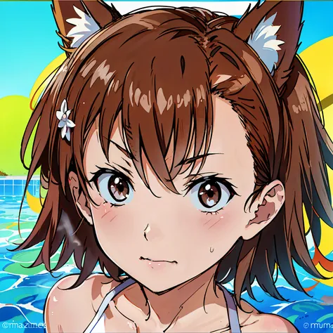 1girl, solamente, misaka mikoto, pelo corto, brown hair, brown eyes, orejas falsas animal, orejas de gato, sonrojarse, bikini, b...