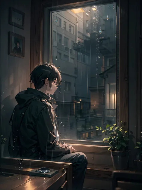 ，masterpiece, best quality，8k, ultra highres，the protagonist sits by the window，looking out the glass window at the drizzle。the ...